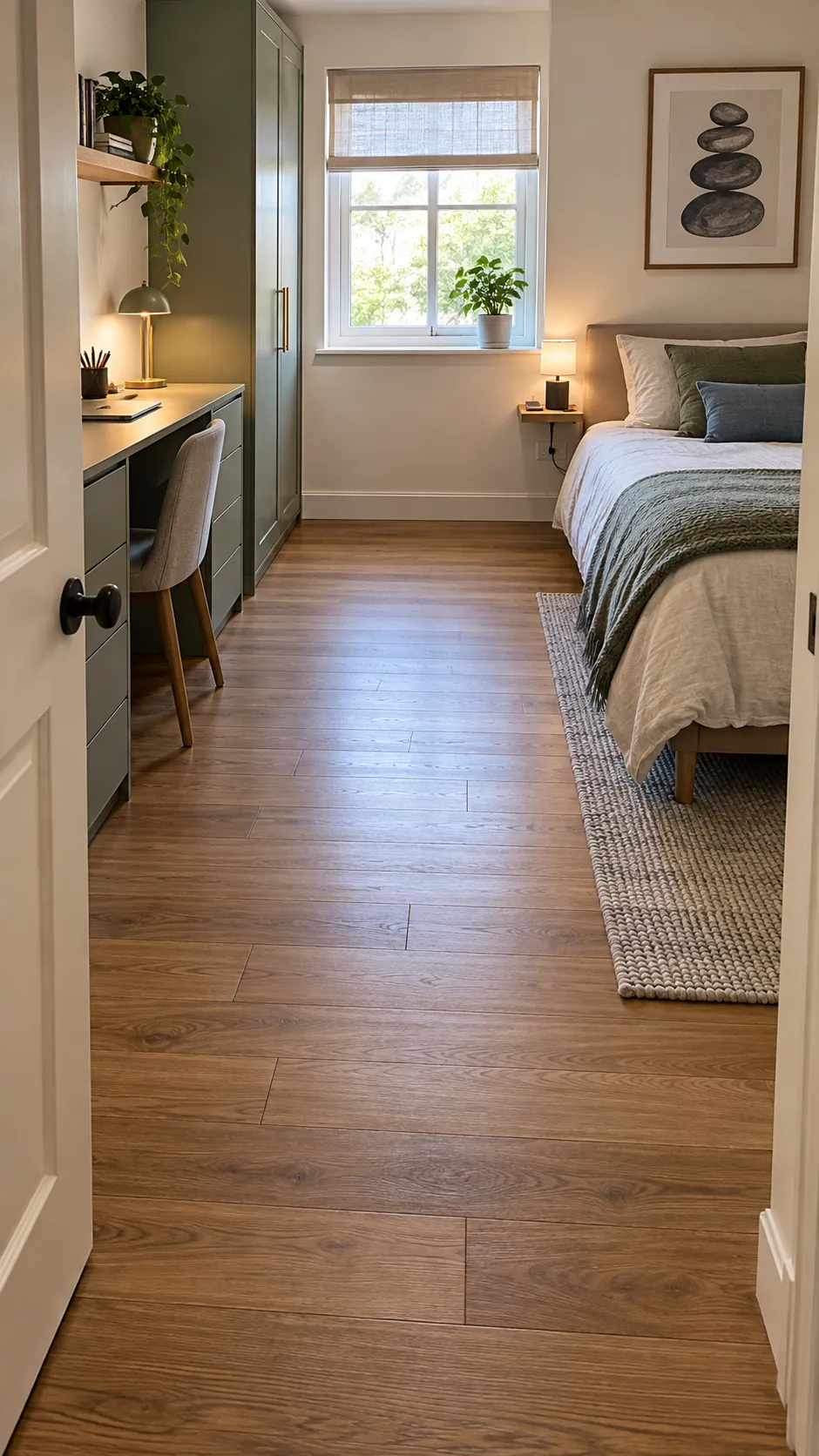 Clear walking path through a guest bedroom and office