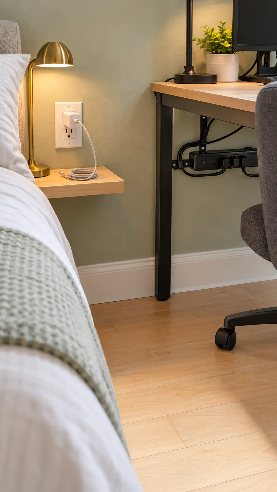 Accessible guest charging outlet beside the bed