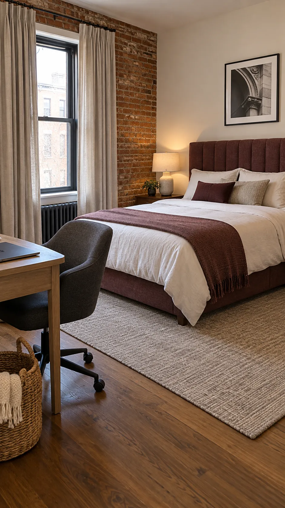 Curtains rug and upholstered headboard softening an office guest room