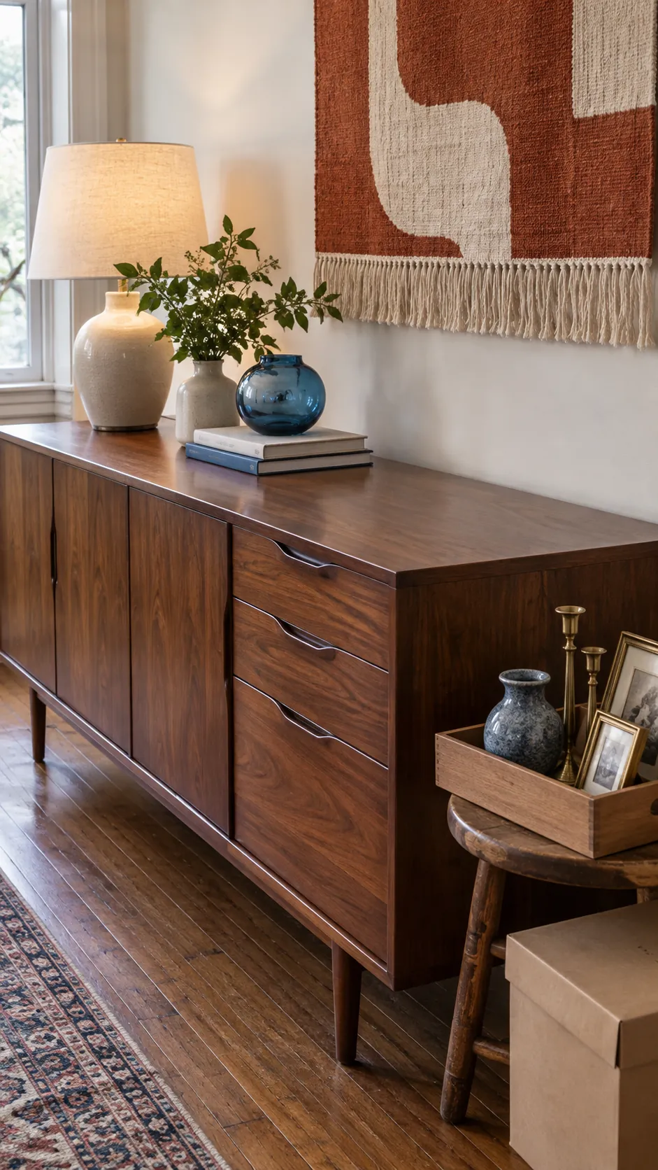 Selected living room decor grouped on an open sideboard