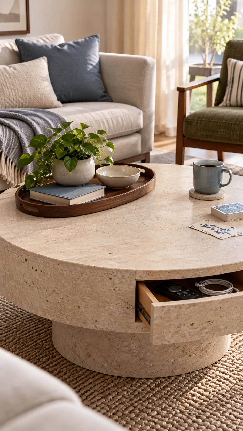 Clutter free coffee table with one tray and open usable space