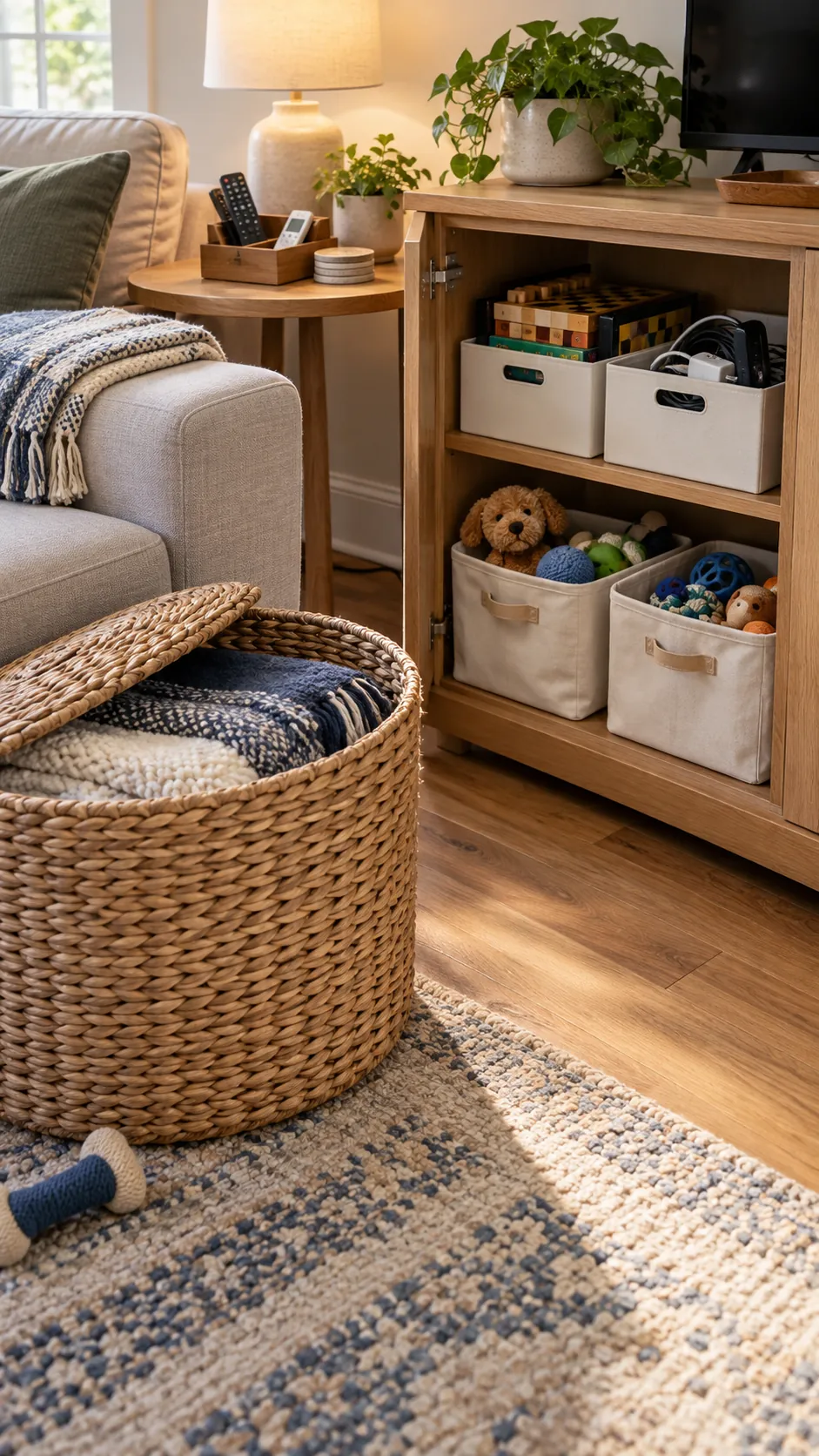 Purpose baskets storing blankets toys and remotes in a living room