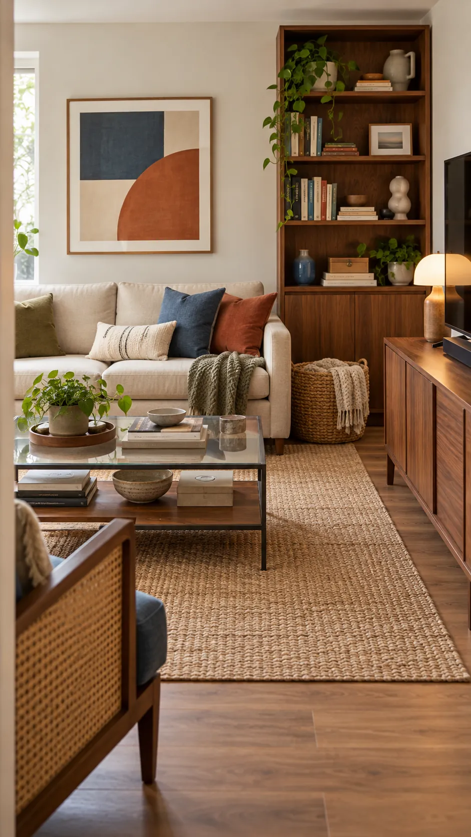 Organized living room decor with calm shelves and clear surfaces