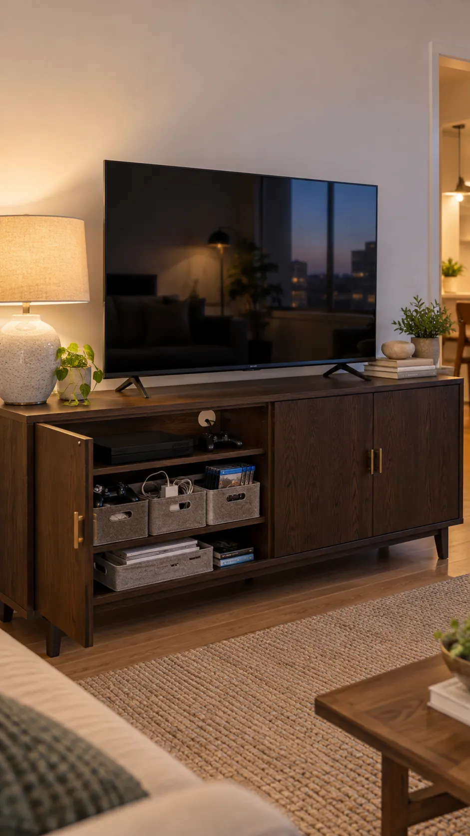 Calm media console with closed storage and restrained decor