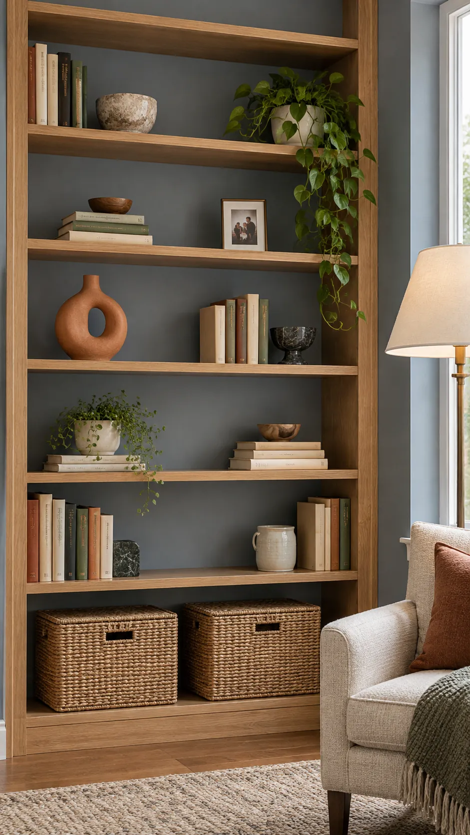 Living room shelves with books baskets plants and open space