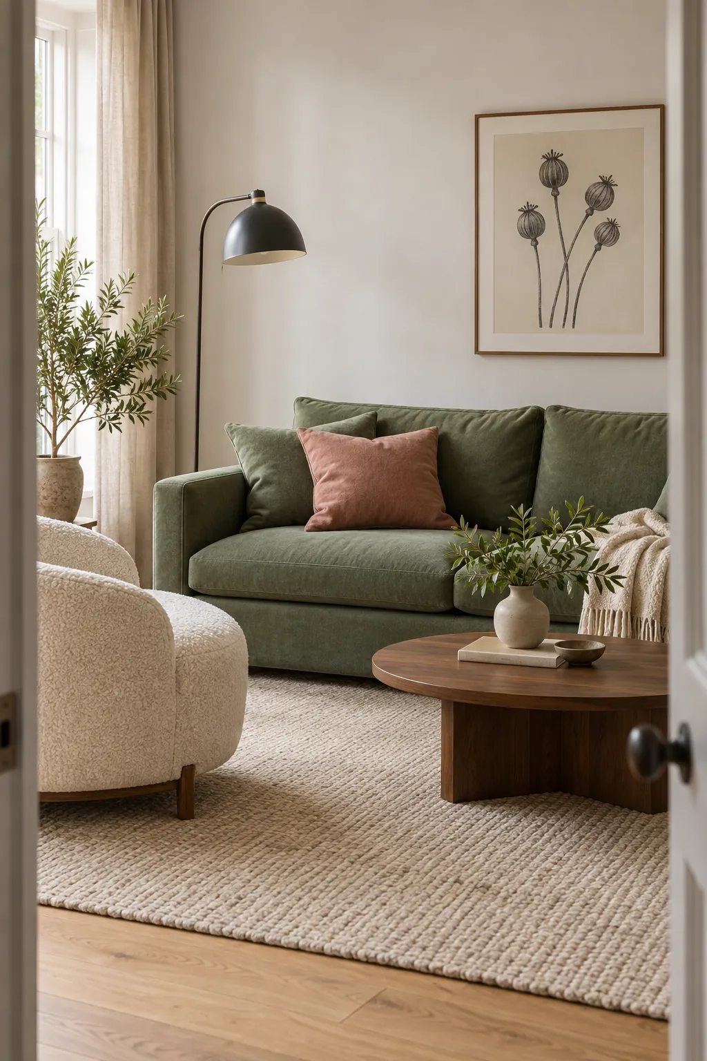 Sophisticated green interior palette with cream wood pink and charcoal accents