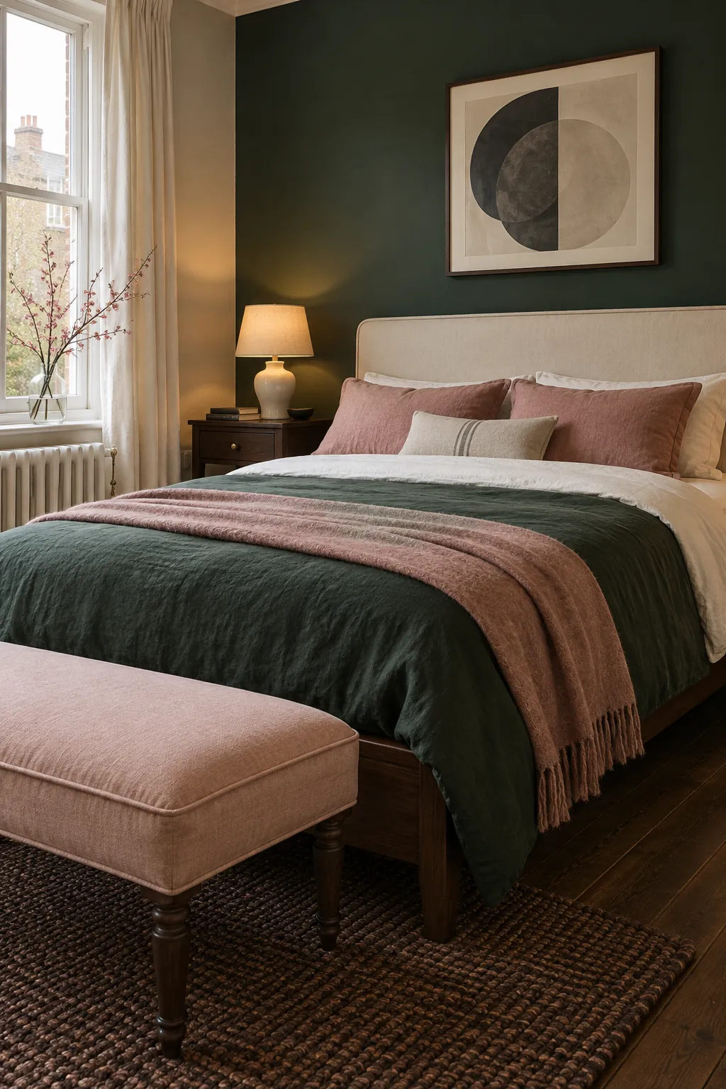 Deep green bedroom softened with dusty pink and muted rose accents