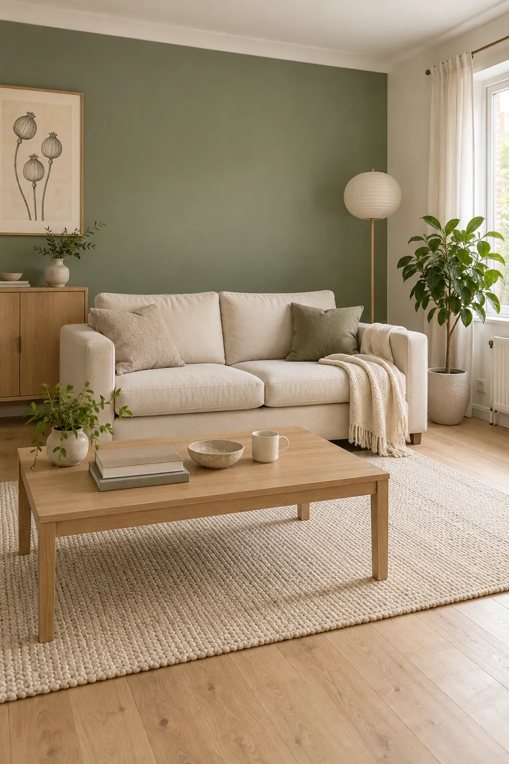 Green living room balanced with warm white walls and cream textiles