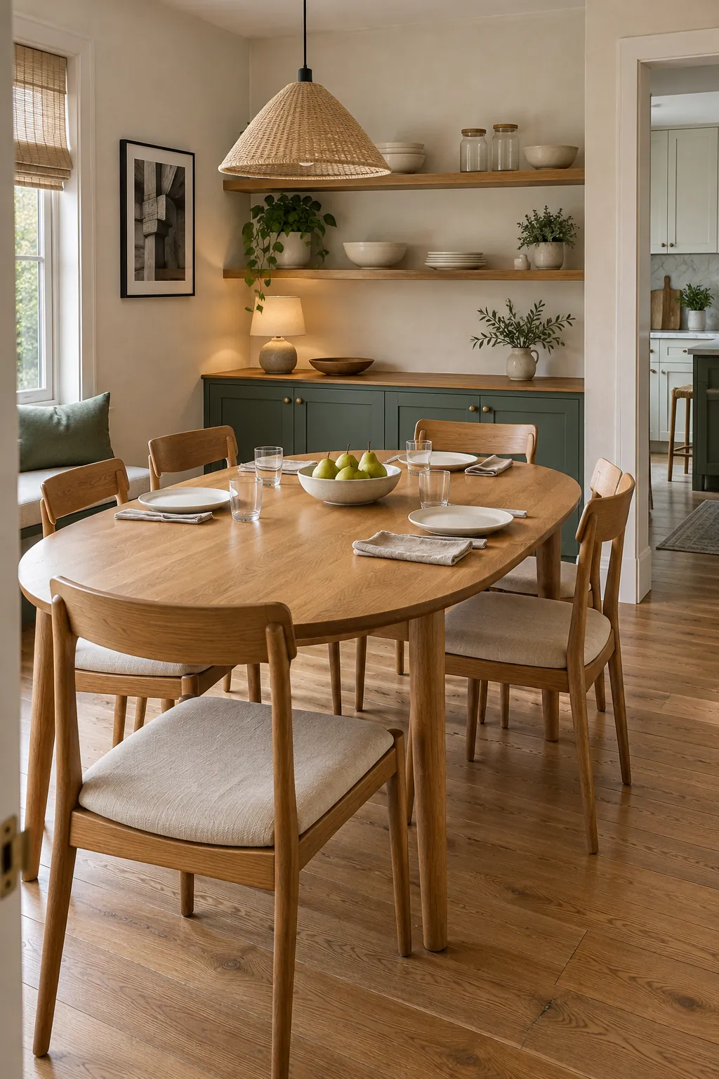 Green dining room paired with natural oak and warm neutral textiles