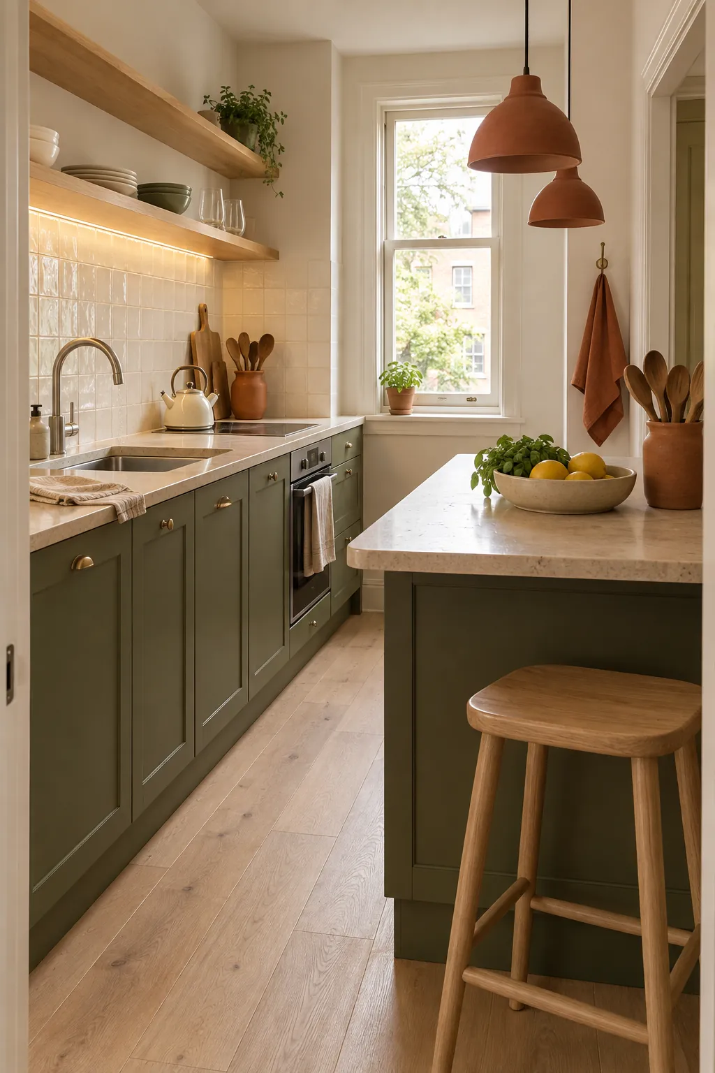 Olive green kitchen warmed with terracotta and pale wood details