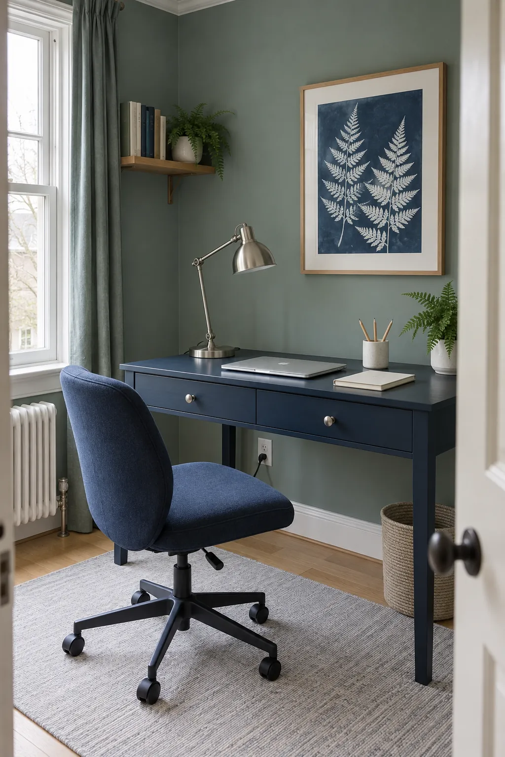 Cool green home office with navy furniture and pale stone details