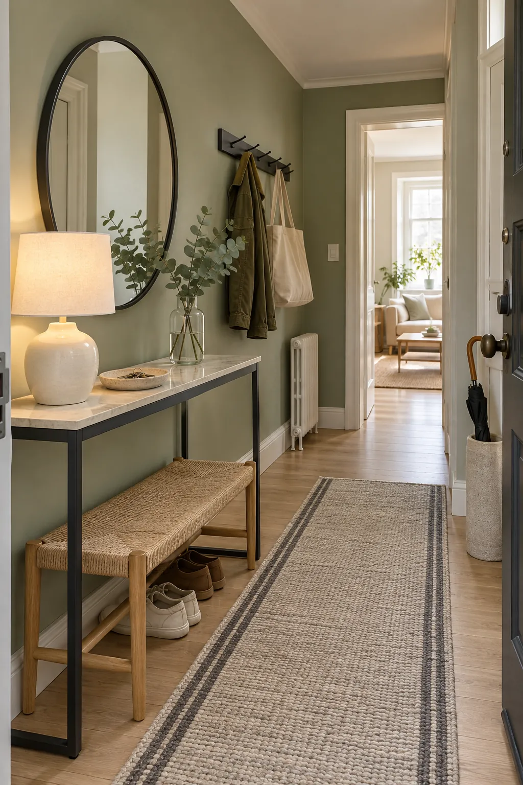 Sage green entryway defined by charcoal metal and pale neutral surfaces