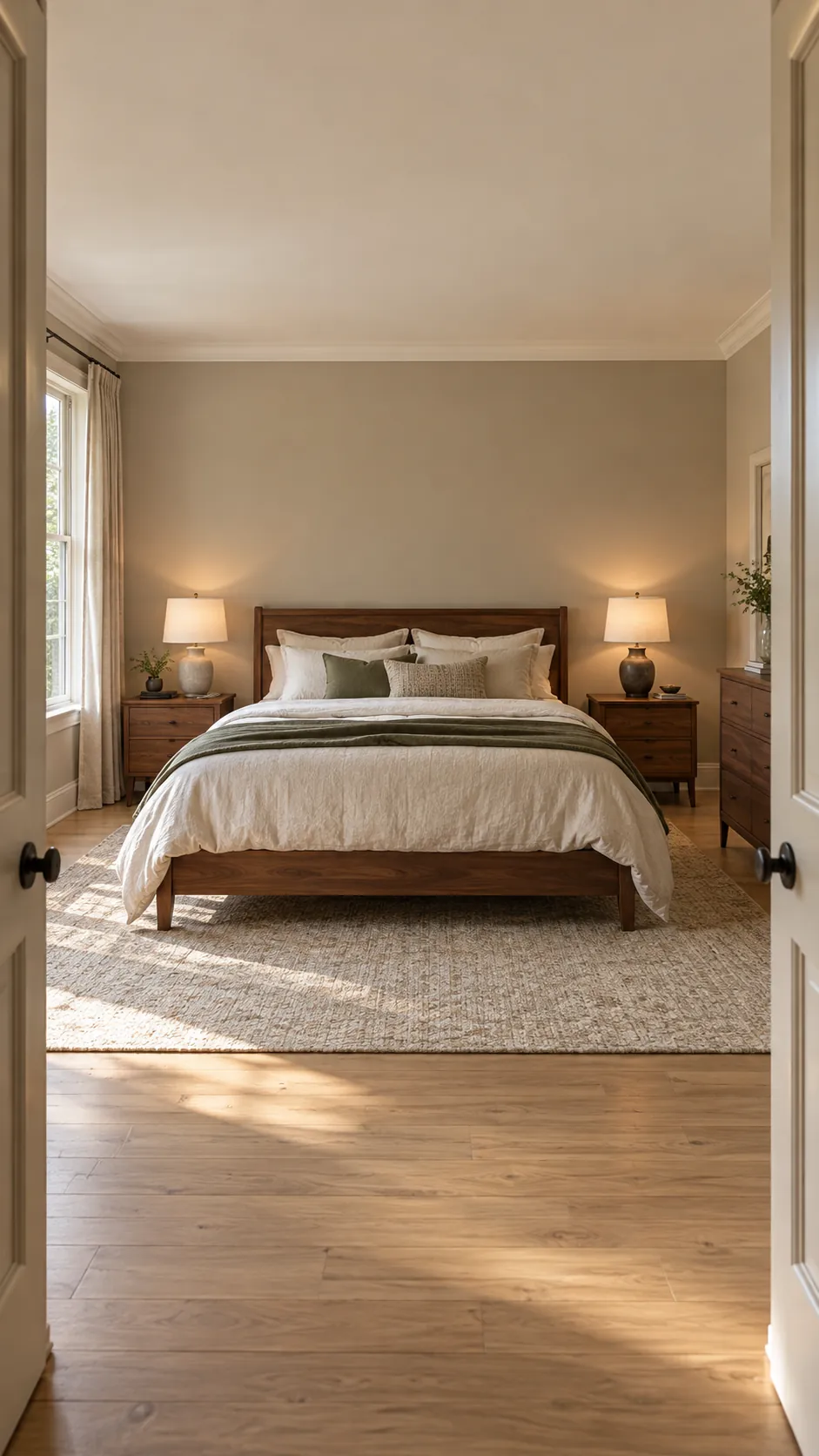 Centered bed creating balance in a spacious bedroom