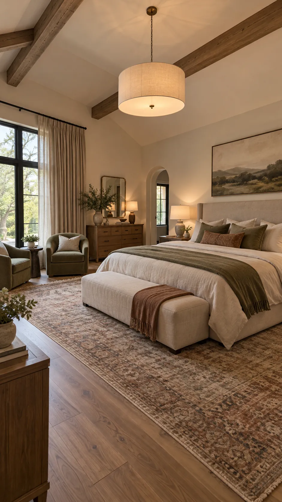 Cozy large bedroom arranged with connected furniture zones