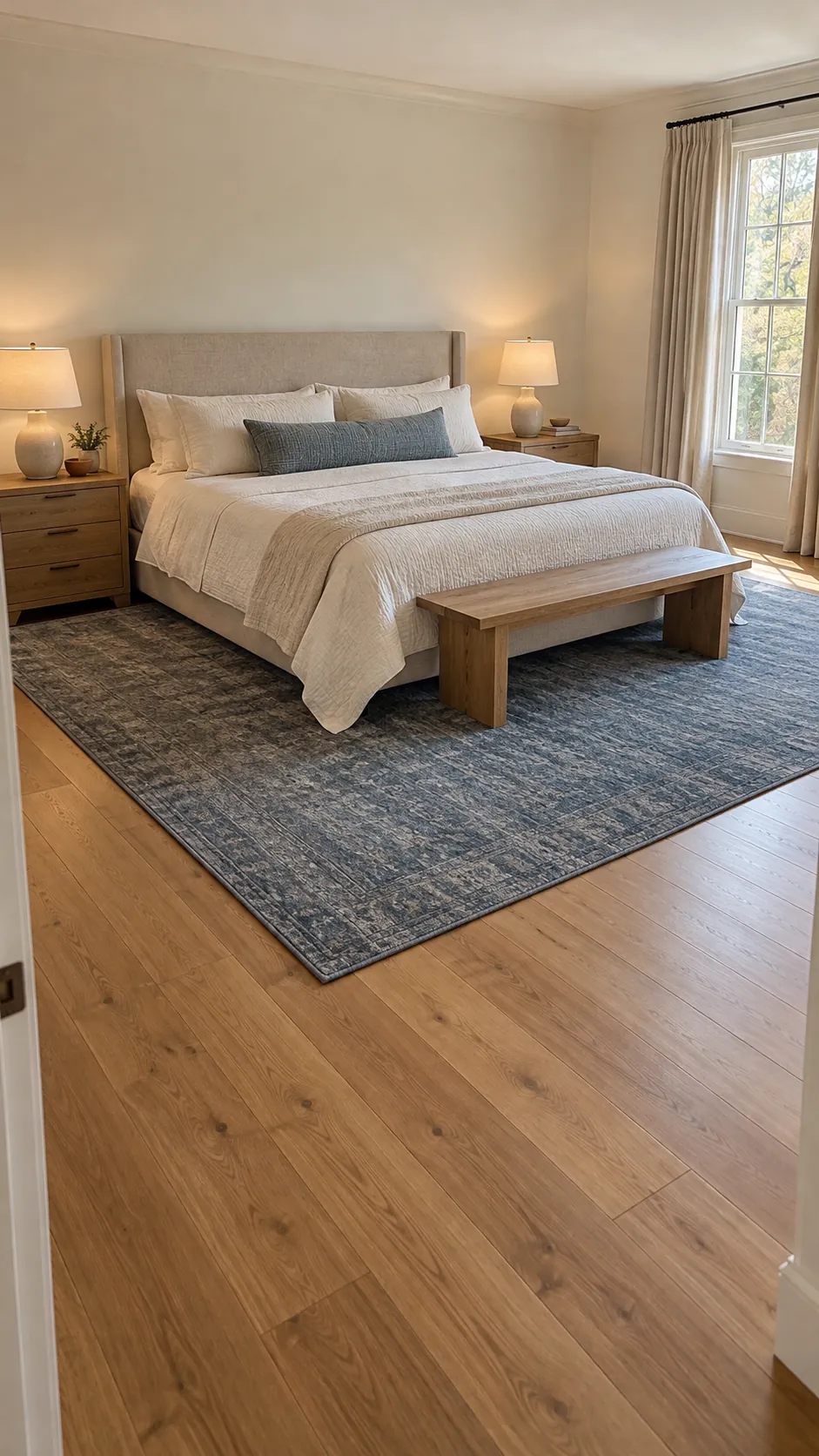 Large bedroom anchored by a generous rug under the bed