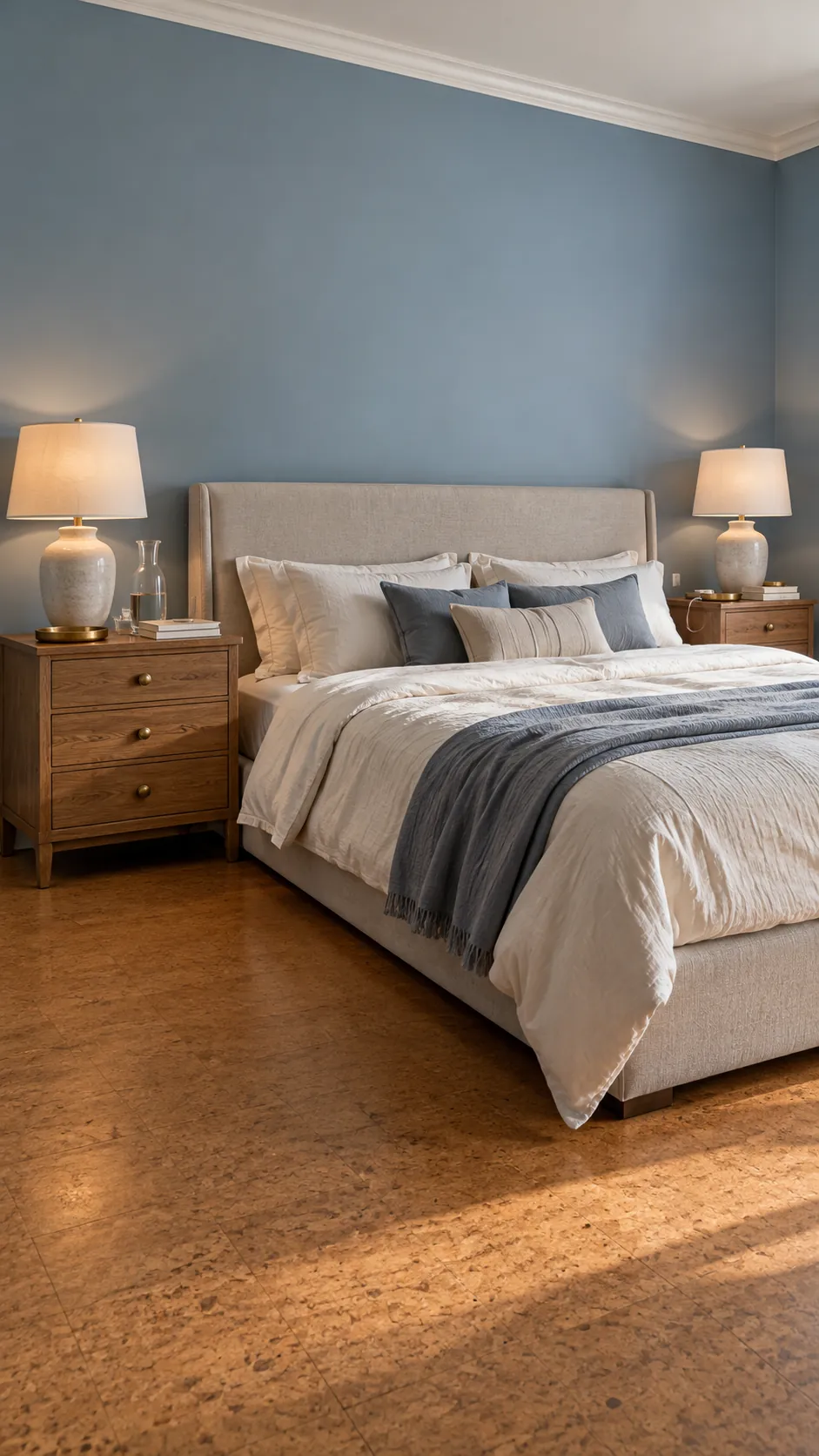 Substantial bedside tables balancing a large bedroom