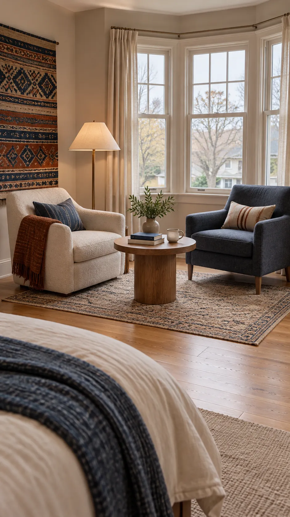 Cozy bedroom seating area with two chairs and a table