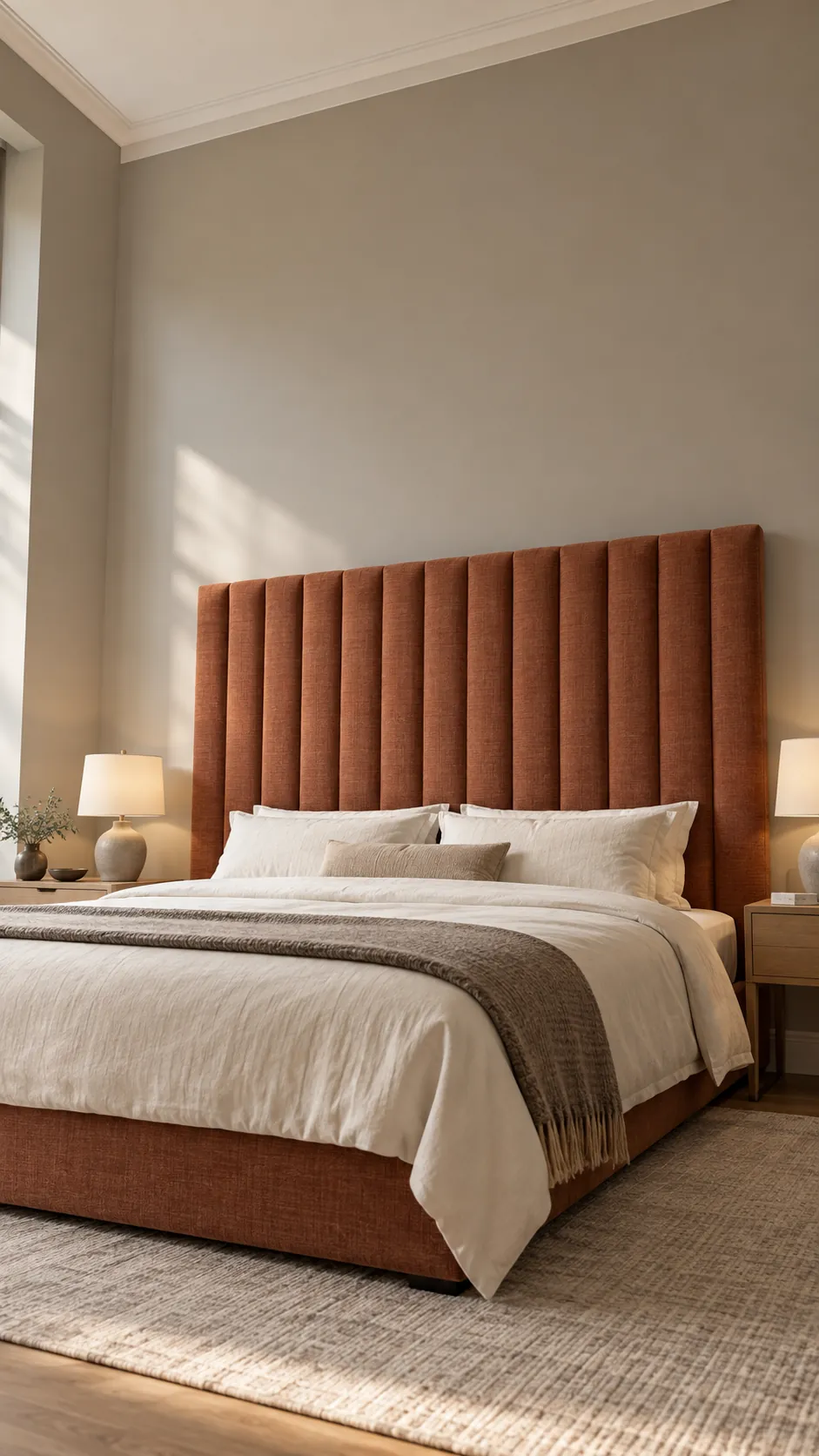 Tall upholstered headboard adding scale to a large bedroom
