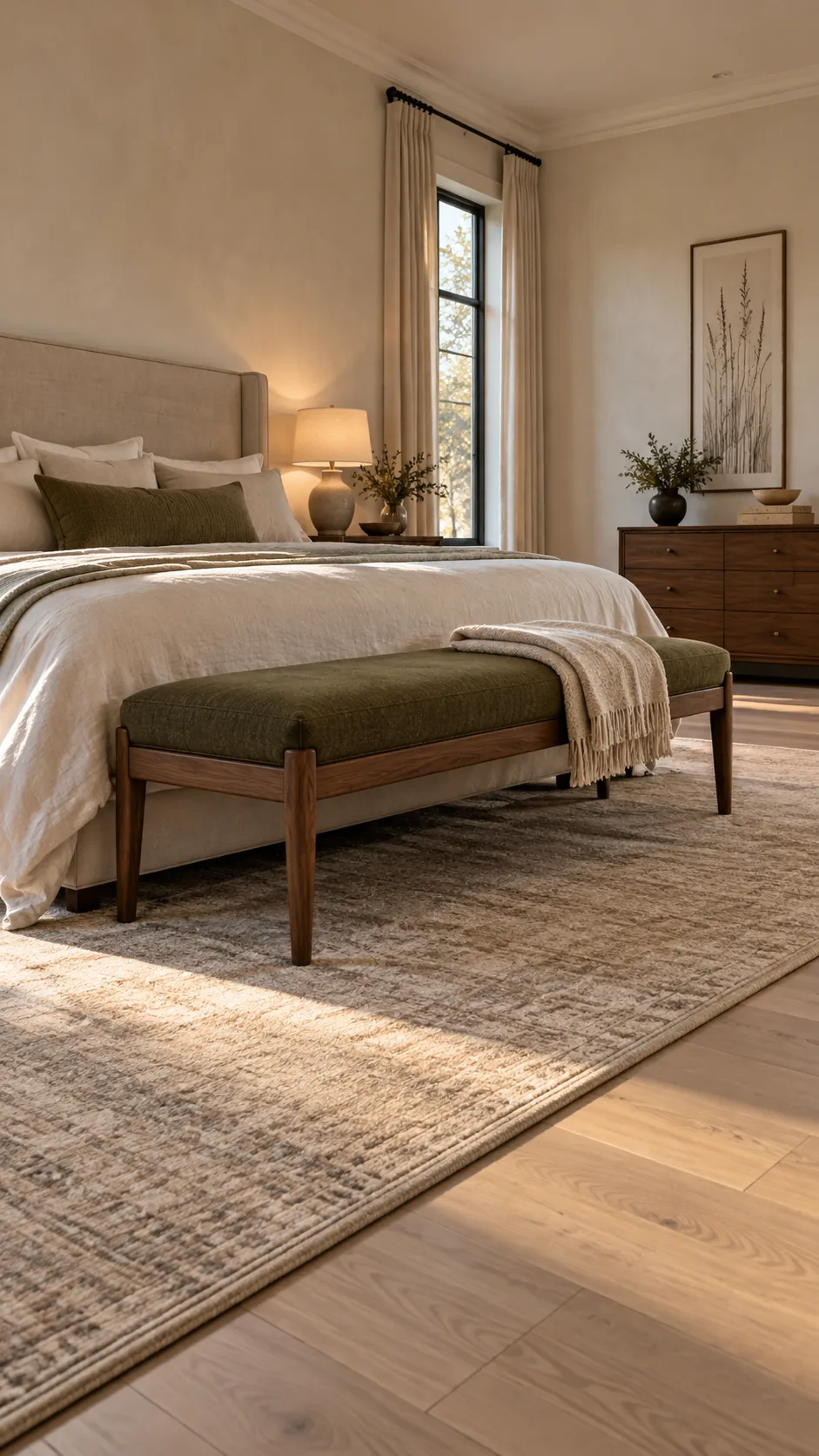 Upholstered bench at the foot of a large bedroom bed