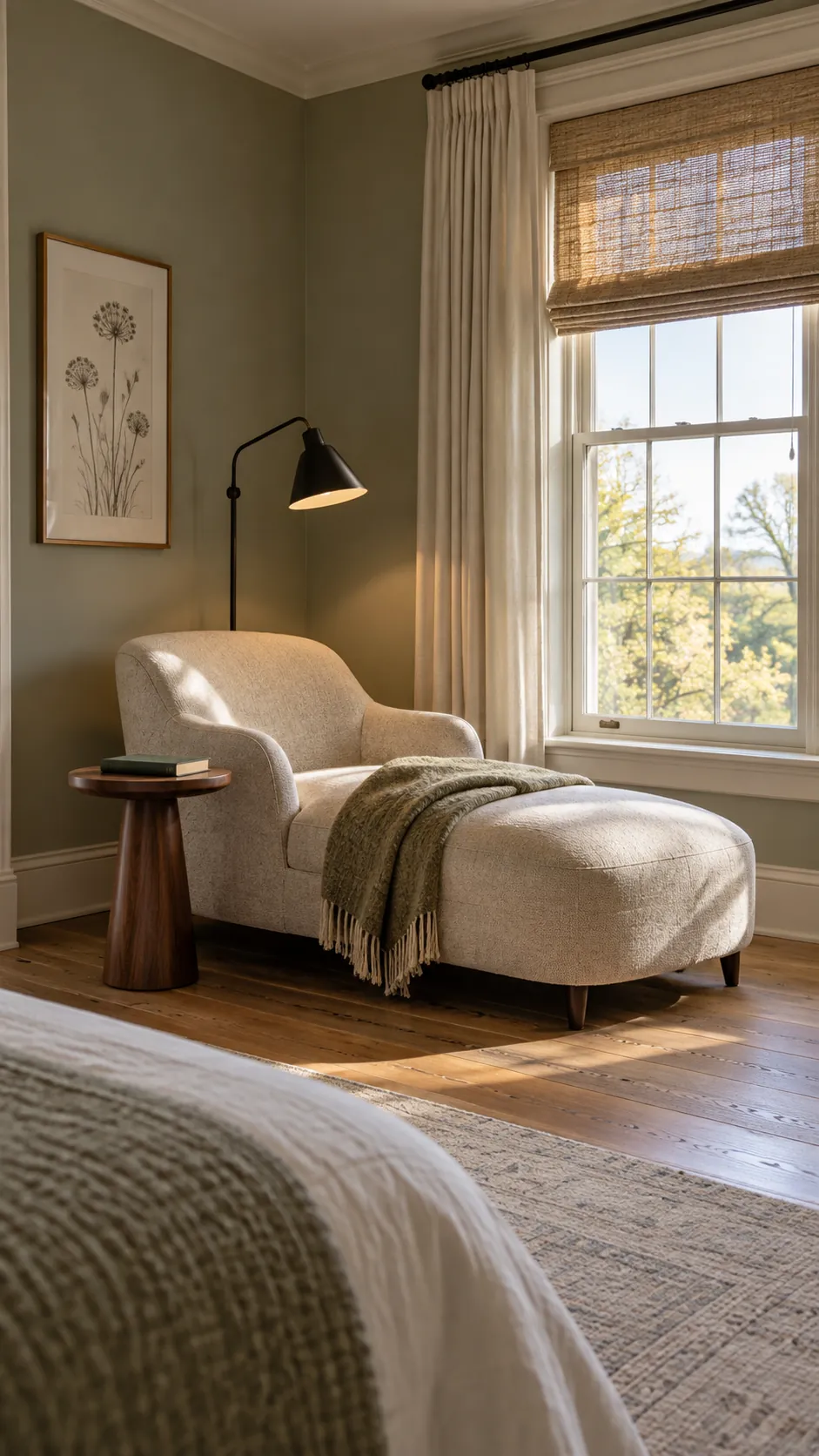 Chaise reading zone beside a large bedroom window