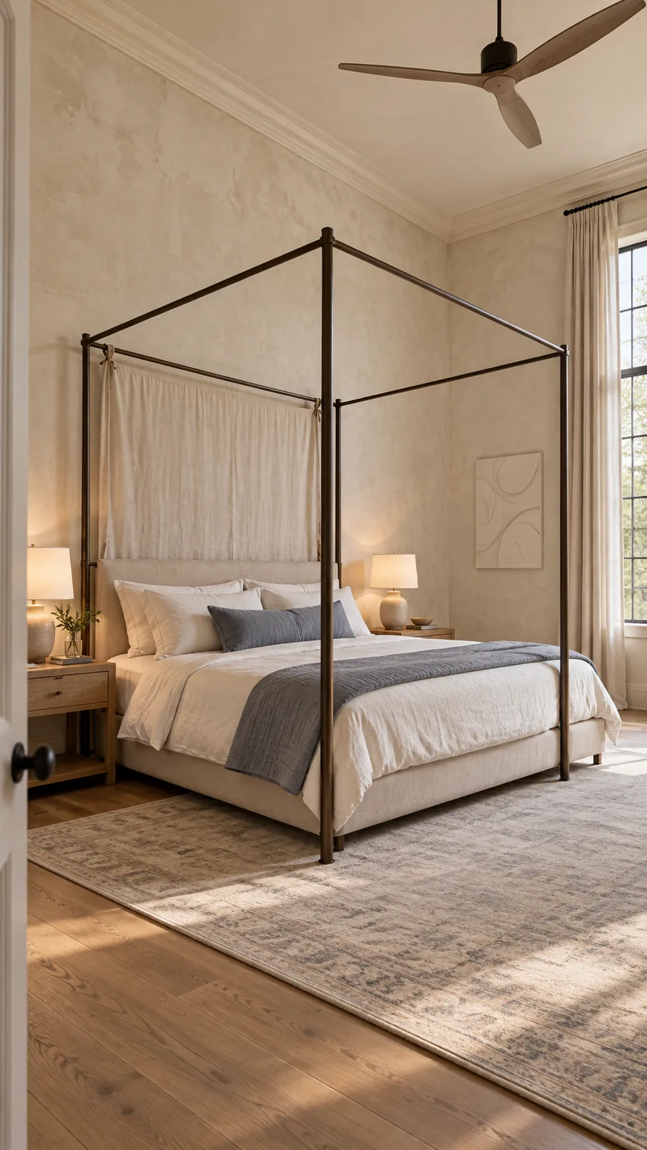 Simple canopy bed creating intimacy in a spacious bedroom