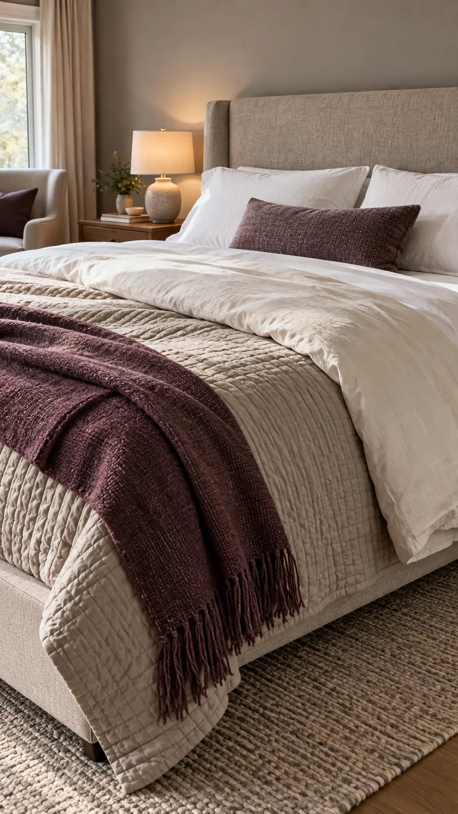 Layered neutral bedding adding texture to a large room