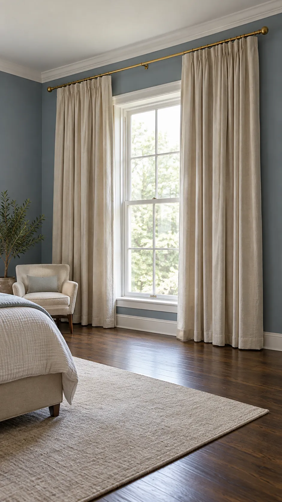 Wide full length curtains softening a spacious bedroom
