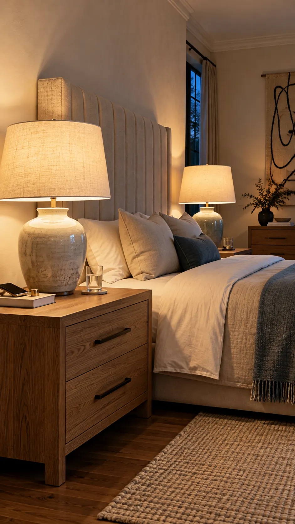 Large bedside lamps balancing broad tables and a tall headboard