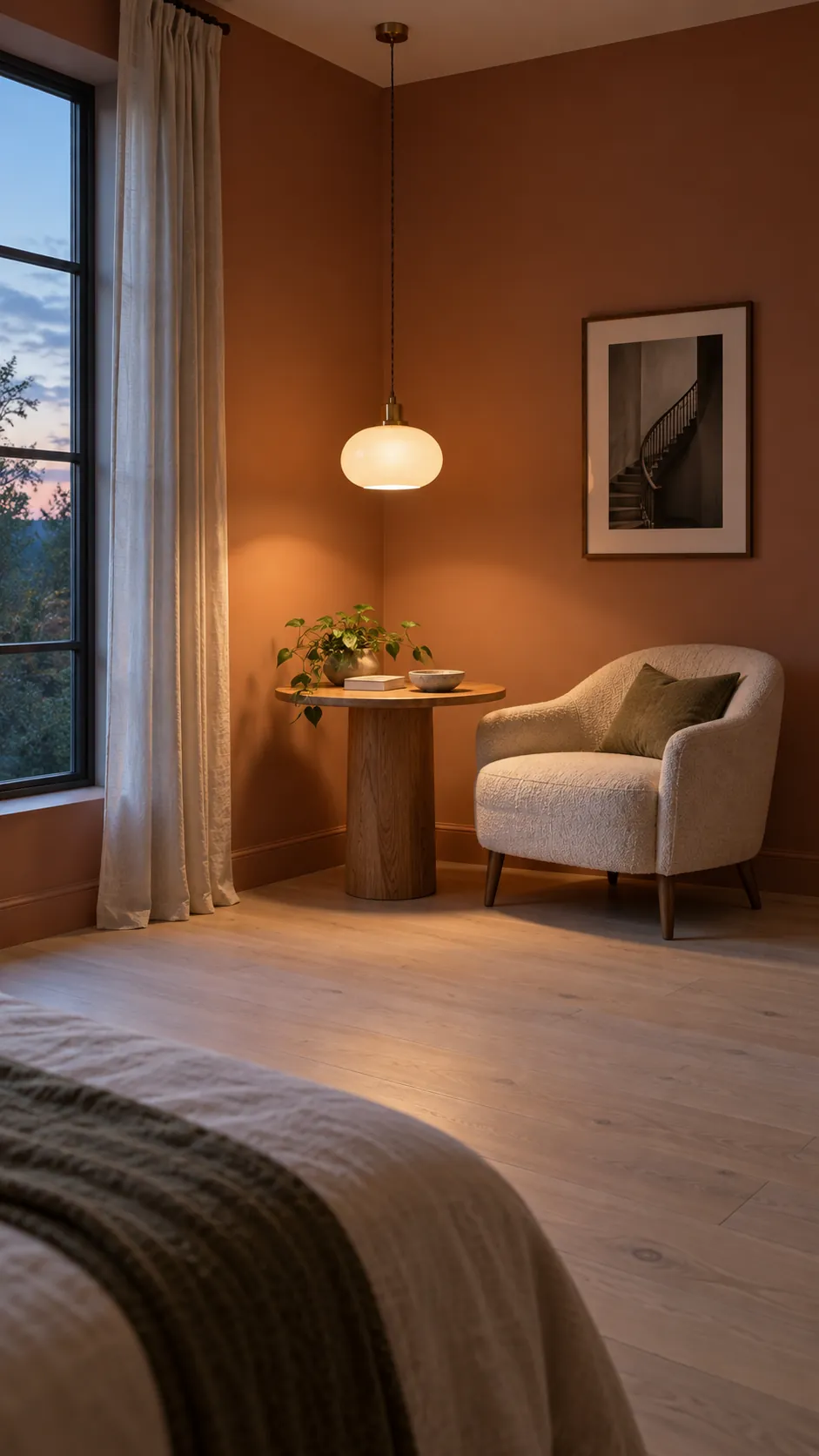 Pendant light defining a useful corner in a large bedroom