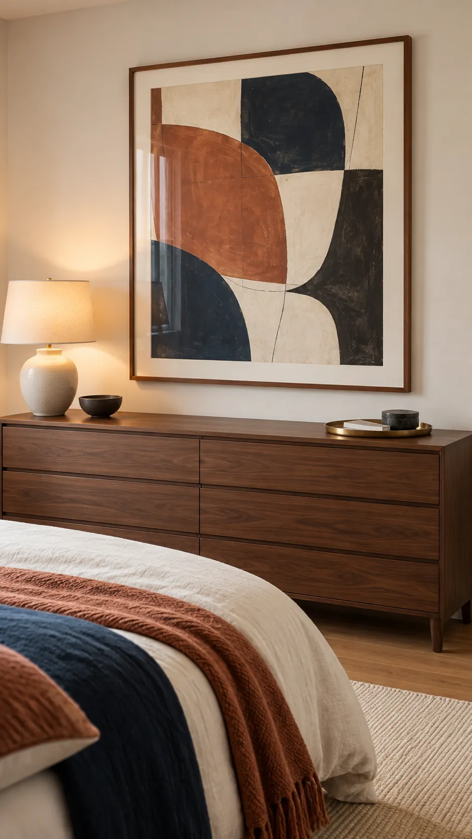 Large geometric artwork connecting a spacious bedroom palette