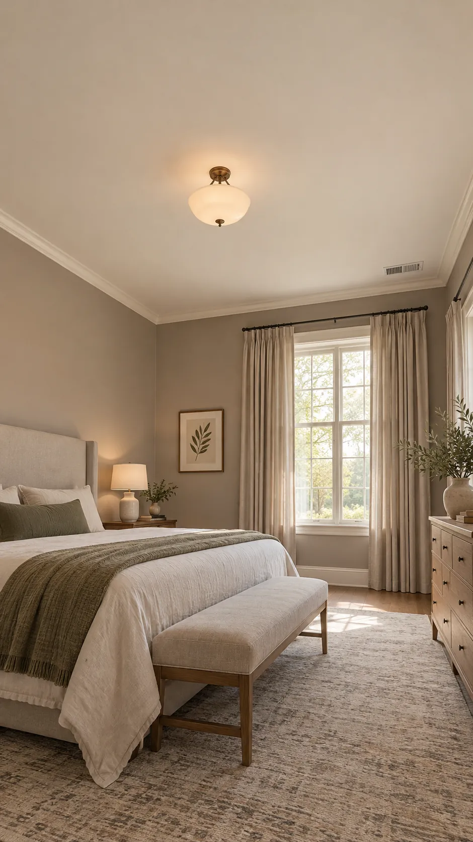 Soft painted ceiling creating an intimate large bedroom