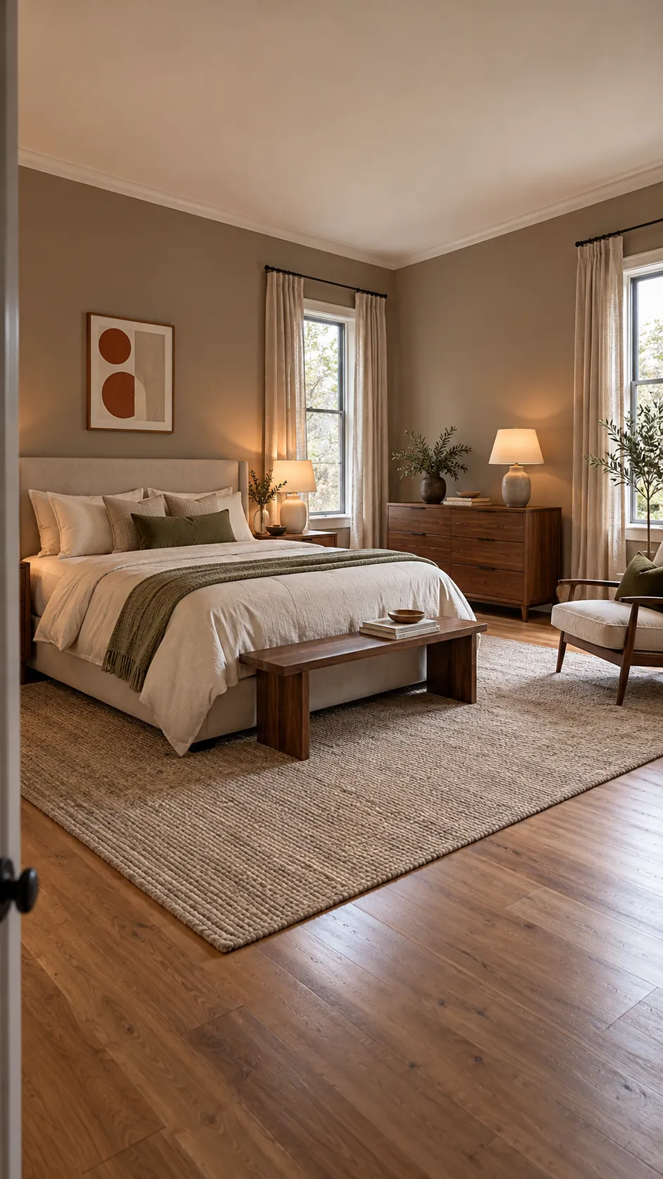 Warm mid tone walls making a large bedroom feel cozy
