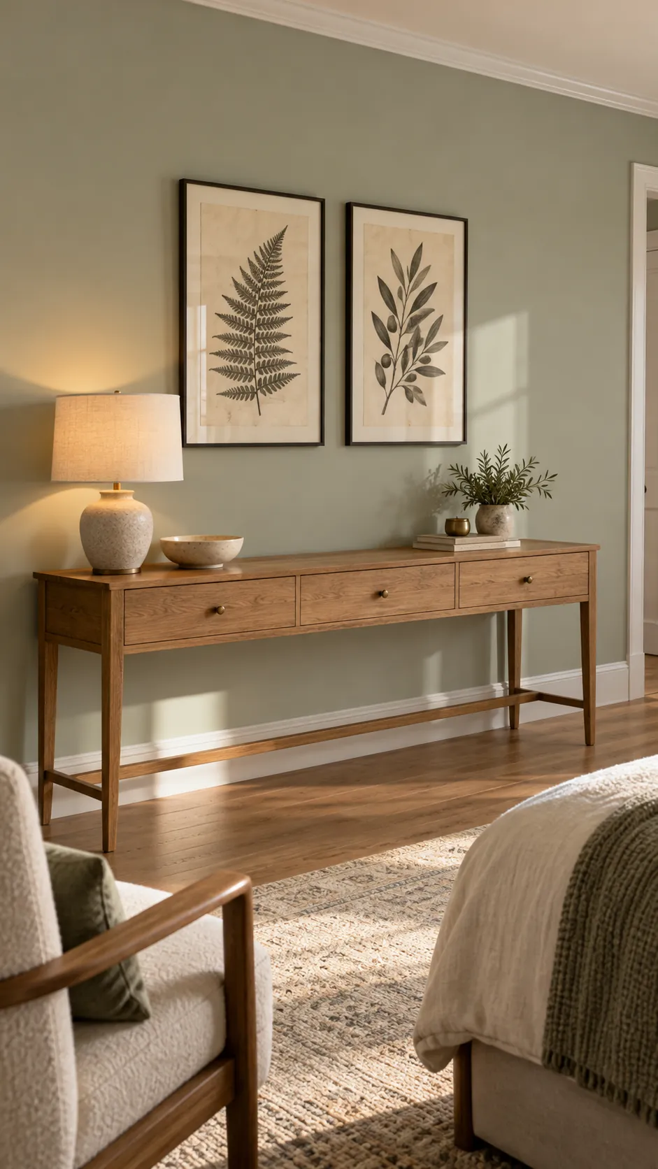 Paired botanical studies balancing a long bedroom wall