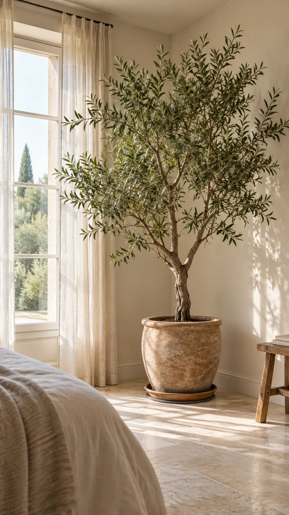 Substantial indoor tree softening an empty bedroom corner