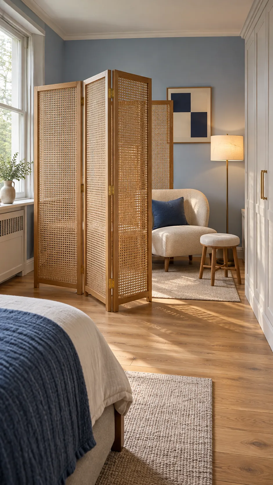 Folding screen shaping a quiet zone in a large bedroom