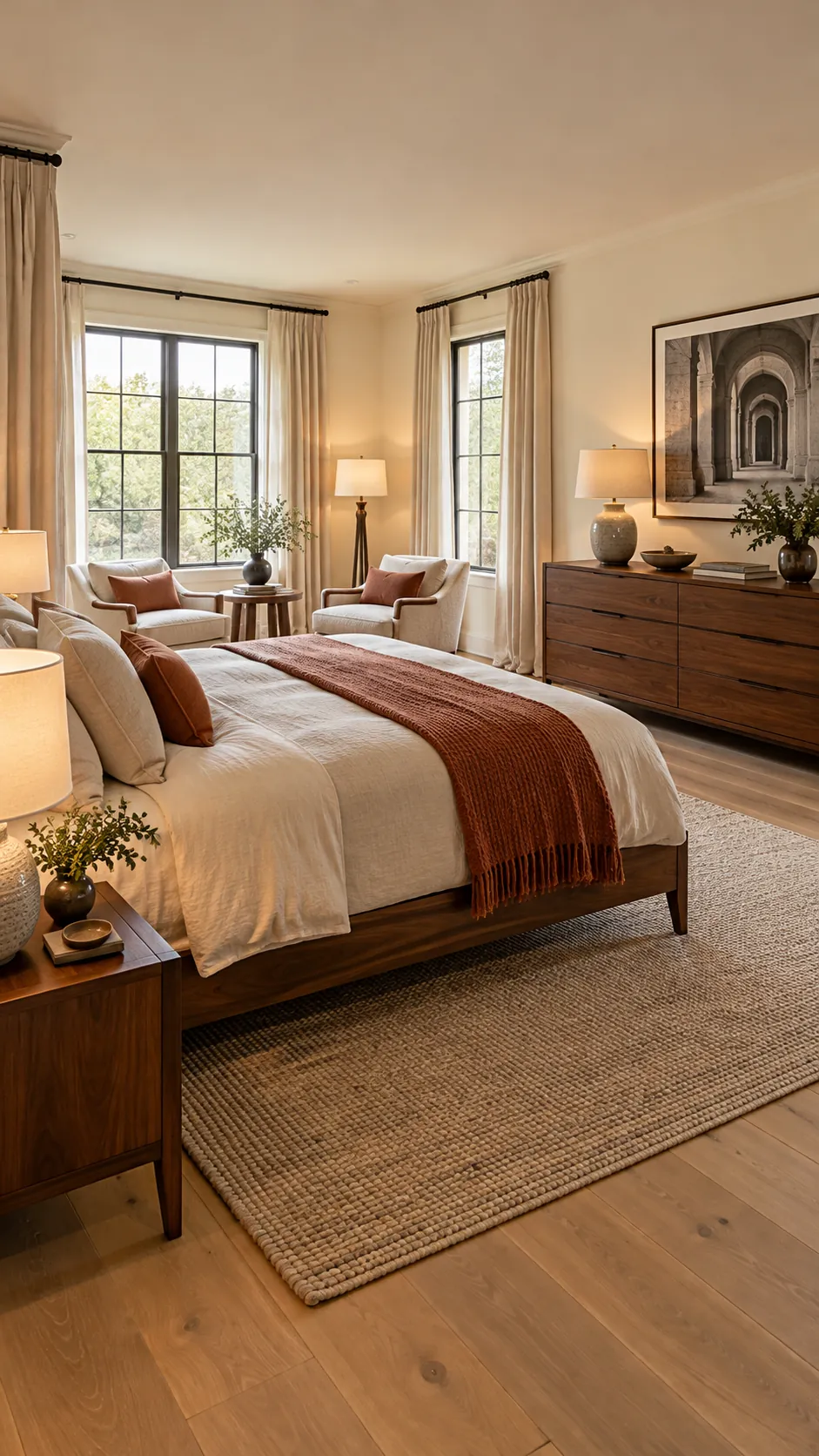 Repeated wood and textile accents connecting bedroom zones