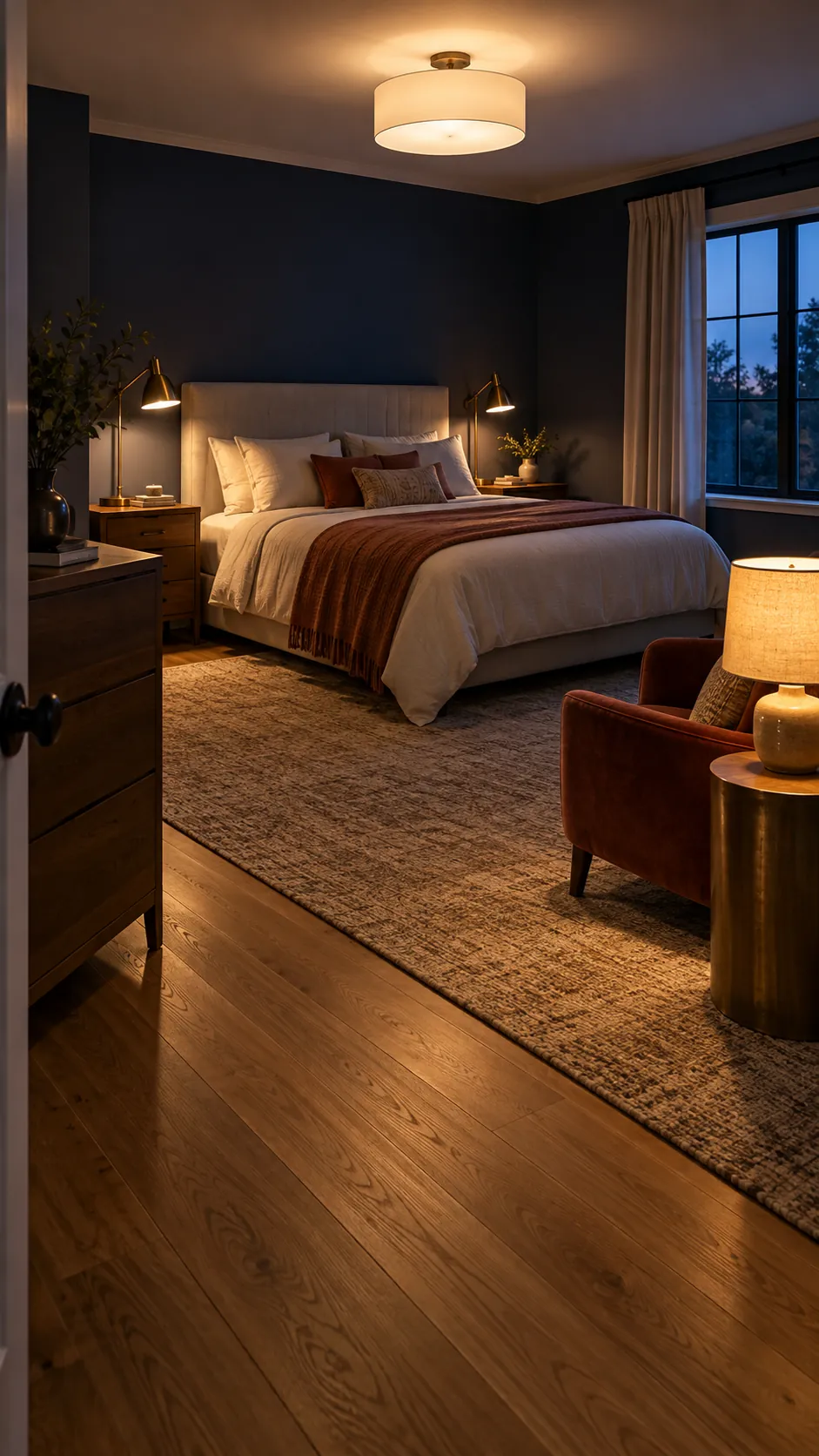 Layered bedroom lighting at ceiling bedside and seating height