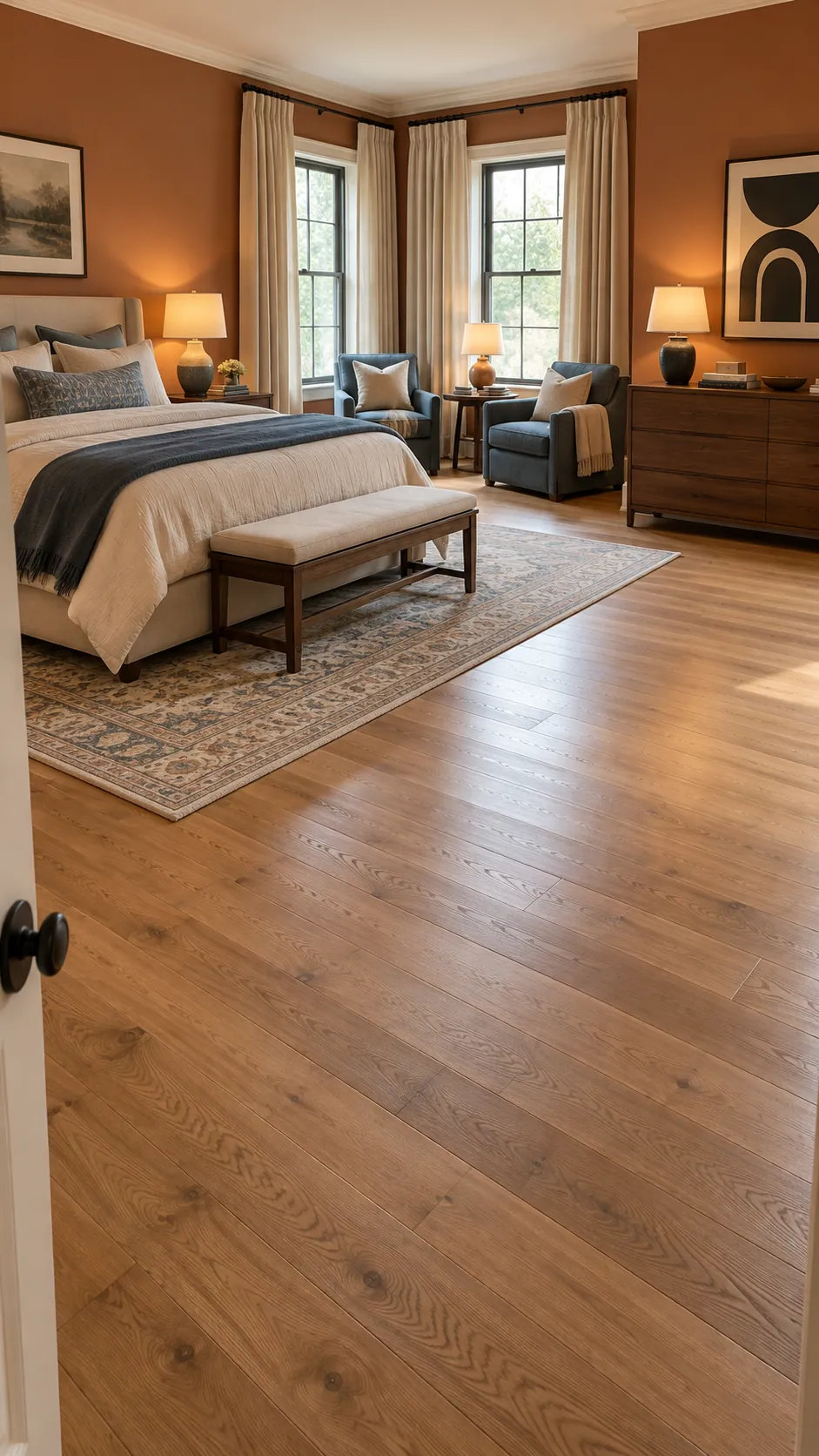 Intentional open floor space in a finished cozy large bedroom
