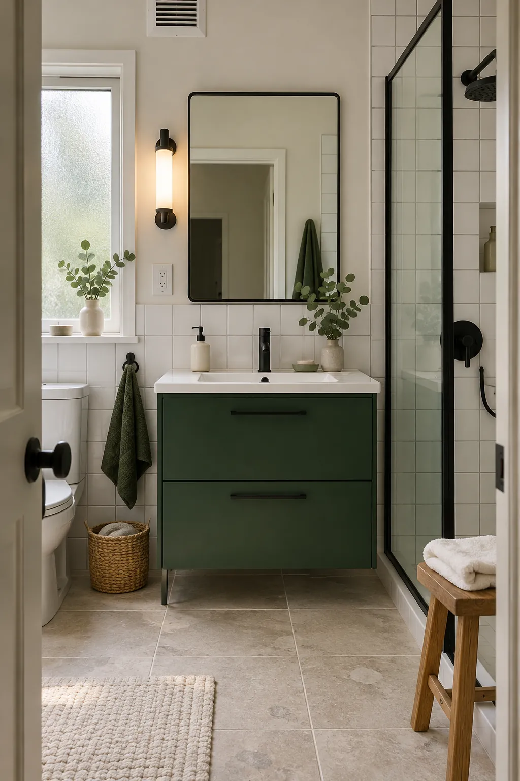 Green and white bathroom defined by slim black metal details