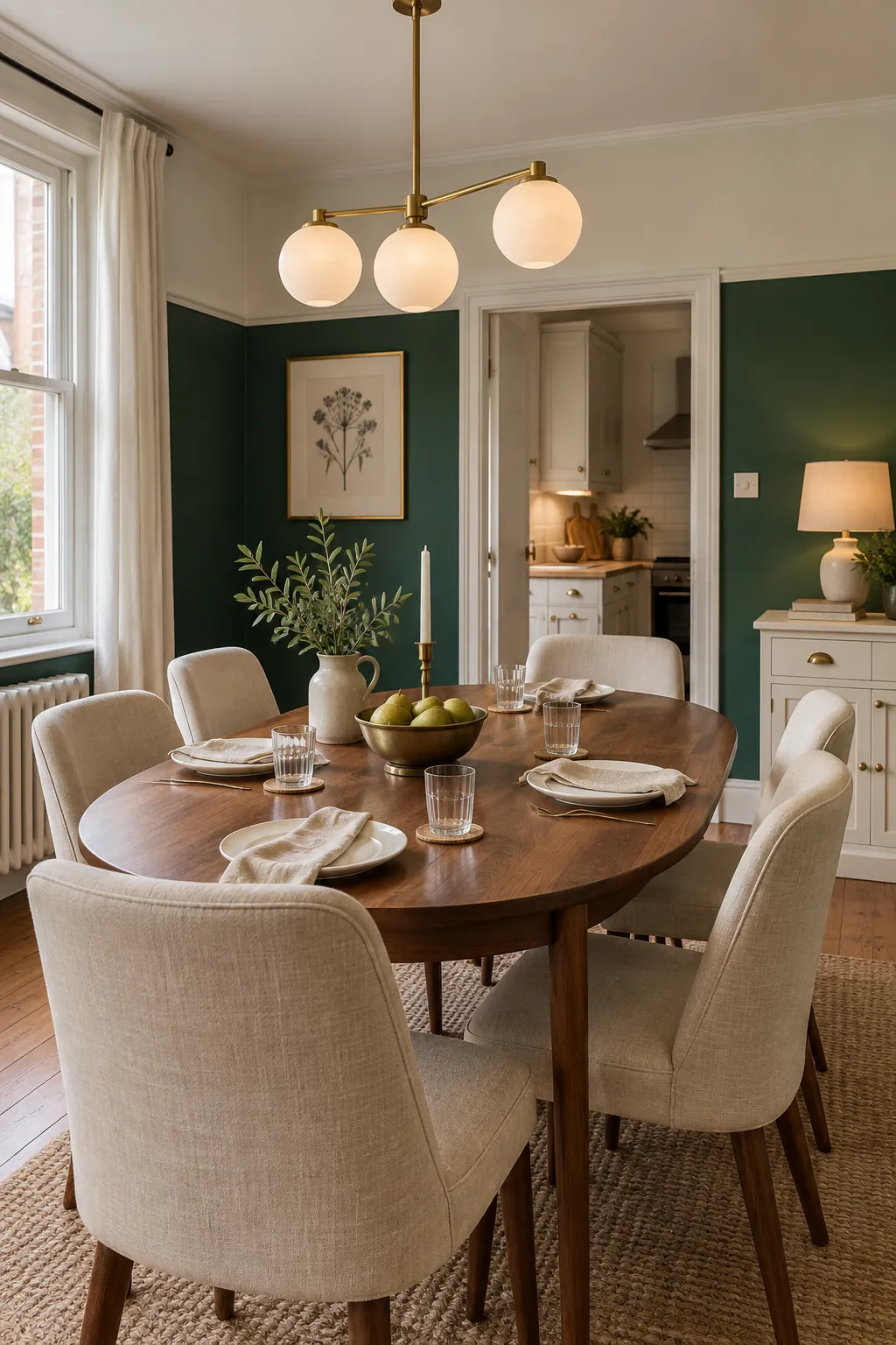 Emerald green and white dining room with restrained brass highlights