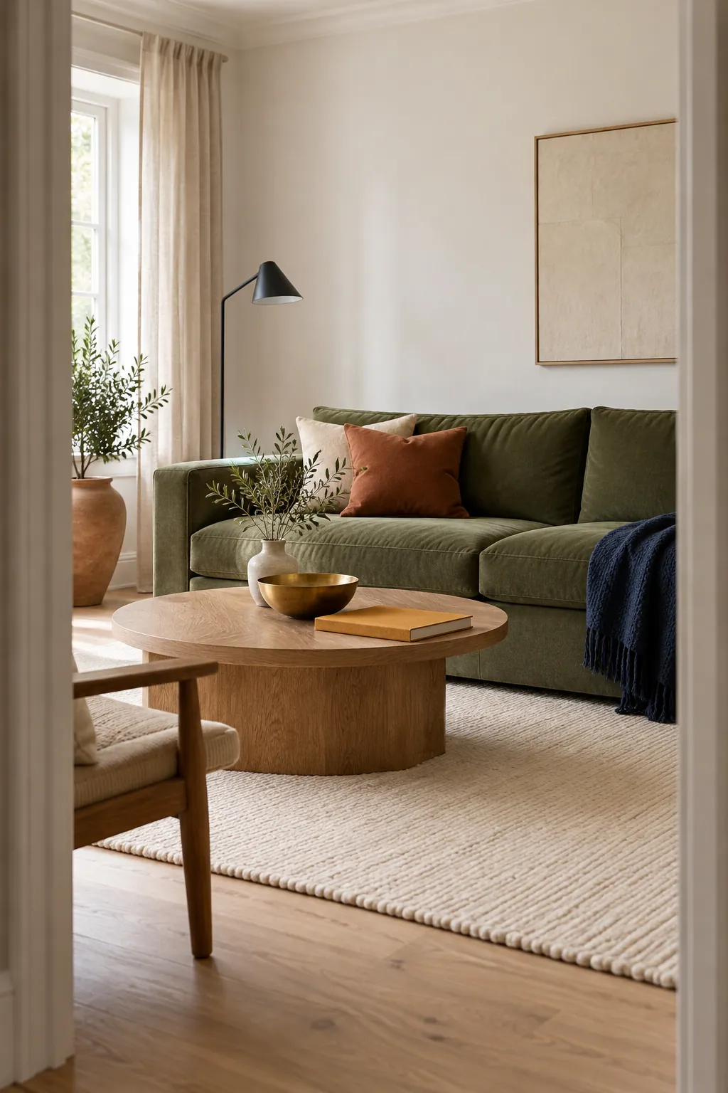 Green and white living room palette with wood black brass terracotta navy and ochre accents