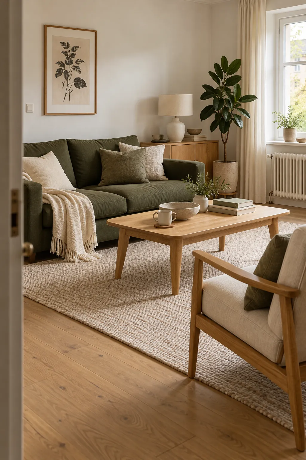 Green and white living room warmed by natural oak furniture