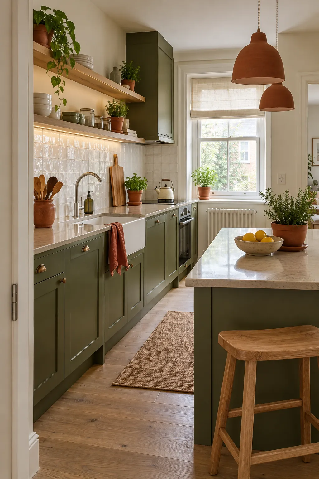 Green and white kitchen warmed with terracotta and rust accents