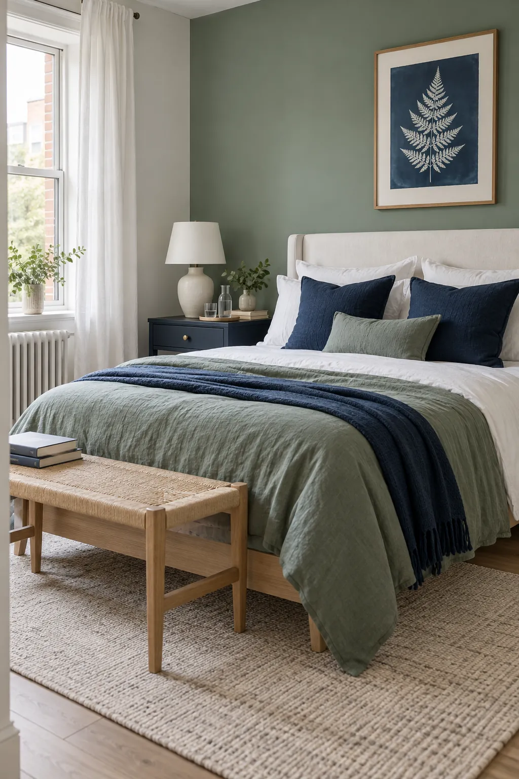 Cool green and white bedroom grounded by navy blue textiles